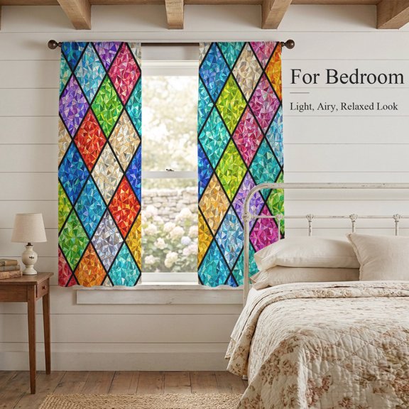 Sheer Curtains 63 Inches Long 2 Panels, Traditional Diamond Tile Panes Rod Pocket Curtain Voile Draperies, High-contrast Color Blocks Light Filtering Window Treatment for Living Room Kitchen Bedroom