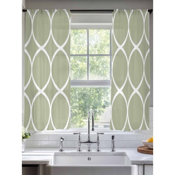 Sheer Curtains 63 Inches Long 2 Panels, Twisted White Lines Rod Pocket Curtain Voile Draperies, Light Green Background Light Filtering Window Treatment for Living Room Kitchen Bedroom