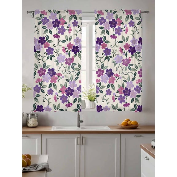 Sheer Curtains 63 Inches Long 2 Panels, Watercolor Country Flowers Rod Pocket Curtain Voile Draperies, Plum Blossoms on Linen Light Filtering Window Treatment for Living Room Kitchen Bedroom