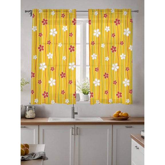Sheer Curtains 63 Inches Long 2 Panels, Watercolor Japanese Cherry Blossoms Rod Pocket Curtain Voile Draperies, Yellow Background Light Filtering Window Treatment for Living Room Kitchen Bedroom