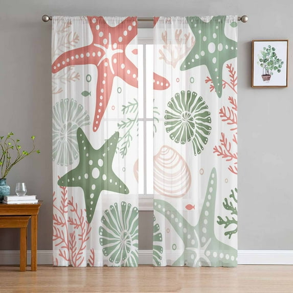 Sheer Curtains 63 Inches Long, Beach Nautical Coral Sea Light Filtering Window Curtains for Living Room, Red Sage Green Starfish Coastal Rod Pocket Voile Sheer Curtain Drapes, 52"W x 63"L, 2 Panels