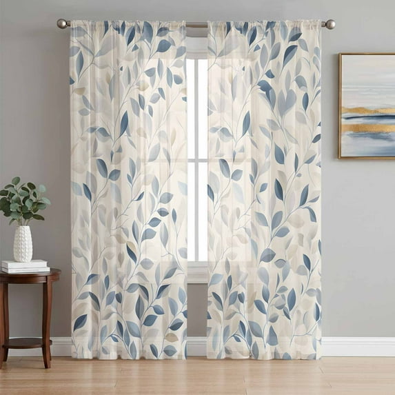 Sheer Curtains 63 Inches Long, Blue Botanical Light Filtering Window Curtains for Living Room/Bedroom, Farmhouse Spring Summer Plant Rod Pocket Voile Sheer Curtain Drapes, 52"W x 63"L, 2 Panels