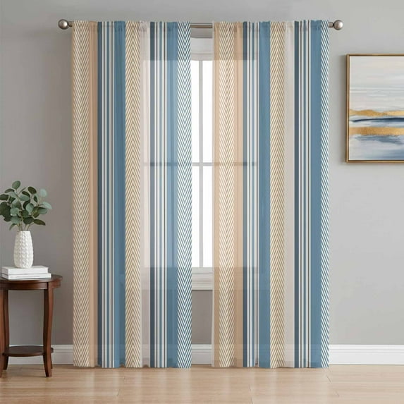 Sheer Curtains 63 Inches Long, Blue Brown Beige Light Filtering Window Curtains for Living Room, Boho Farmhouse Abstract Stripes Art Rod Pocket Voile Sheer Curtain Drapes, 52"W x 63"L, 2 Panels