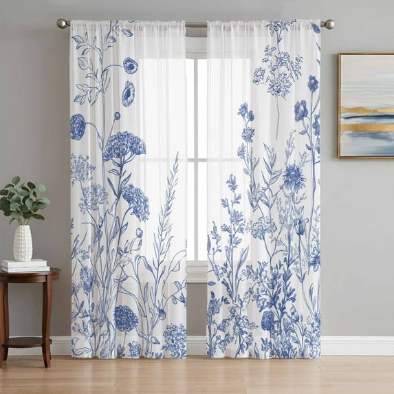 Sheer Curtains 63 Inches Long, Blue Flower Plant Light Filtering Window Curtains for Living Room/Bedroom, Retro Country Tree Branch Leaves Rod Pocket Voile Sheer Curtain Drapes, 52"W x 63"L, 2 Panels