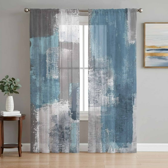 Sheer Curtains 63 Inches Long, Blue Grey Light Filtering Window Curtains for Living Room/Bedroom, Modern Oil Painting Art Abstract Rod Pocket Voile Sheer Curtain Drapes, 52"W x 63"L, 2 Panels