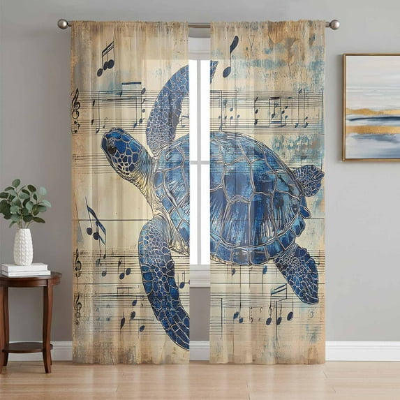 Sheer Curtains 63 Inches Long, Blue Sea Turtle Light Filtering Window Curtains for Living Room/Bedroom, Vintage Coastal Sheet Music Rod Pocket Voile Sheer Curtain Drapes, 52"W x 63"L, 2 Panels