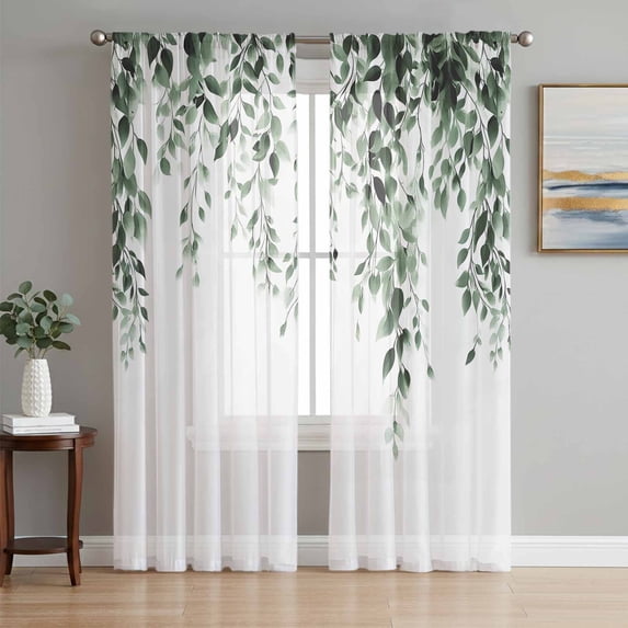 Sheer Curtains 63 Inches Long, Green Eucalyptus Light Filtering Window Curtains for Living Room/Bedroom, Weeping Botanical Leaf Watercolor Rod Pocket Voile Sheer Curtain Drapes, 52"W x 63"L, 2 Panels