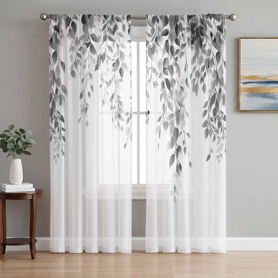 Sheer Curtains 63 Inches Long, Grey Eucalyptus Light Filtering Window Curtains for Living Room/Bedroom, Weeping Botanical Leaf Watercolor Rod Pocket Voile Sheer Curtain Drapes, 52"W x 63"L, 2 Panels
