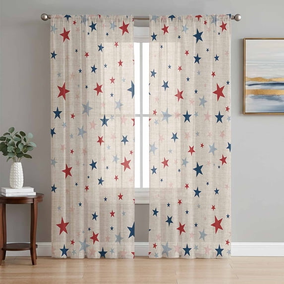 Sheer Curtains 63 Inches Long, Independence Star Shining Light Filtering Window Curtains for Living Room, Linen Burlap American Flag Day Rod Pocket Voile Sheer Panels, 52"Wx63"L, 2 Panels