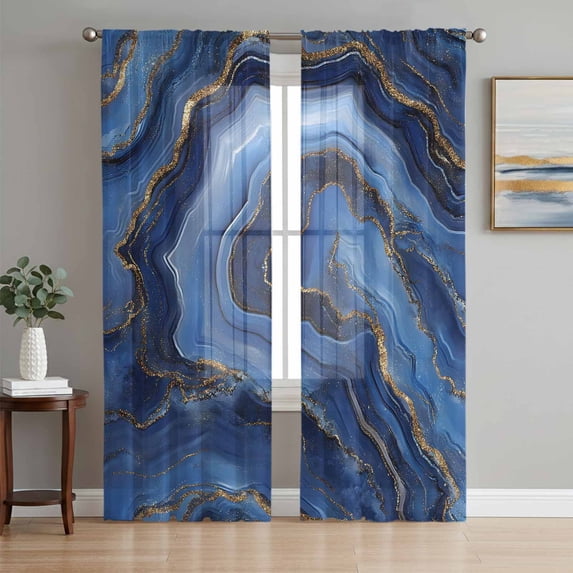 Sheer Curtains 63 Inches Long, Navy Blue Marble Light Filtering Window Curtains for Living Room, Contemporary Ink Painting Abstract Rod Pocket Voile Sheer Curtain Drapes, 52"W x 63"L, 2 Panels