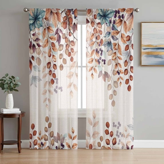 Sheer Curtains 63 Inches Long, Orange Eucalyptus Leaves Light Filtering Window Curtains for Living Room, Botanical Fall Rustic Beige Rod Pocket Voile Sheer Curtain Drapes, 52"W x 63"L, 2 Panels