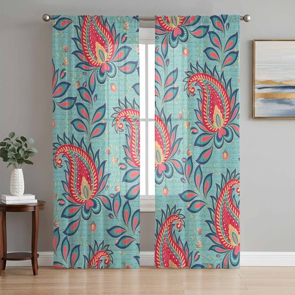 Sheer Curtains 63 Inches Long, Red Teal Boho Botanical Light Filtering Window Curtains for Living Room, Southwestern Retro Ethnic Tribal Rod Pocket Voile Sheer Curtain Drapes, 52"W x 63"L, 2 Panels