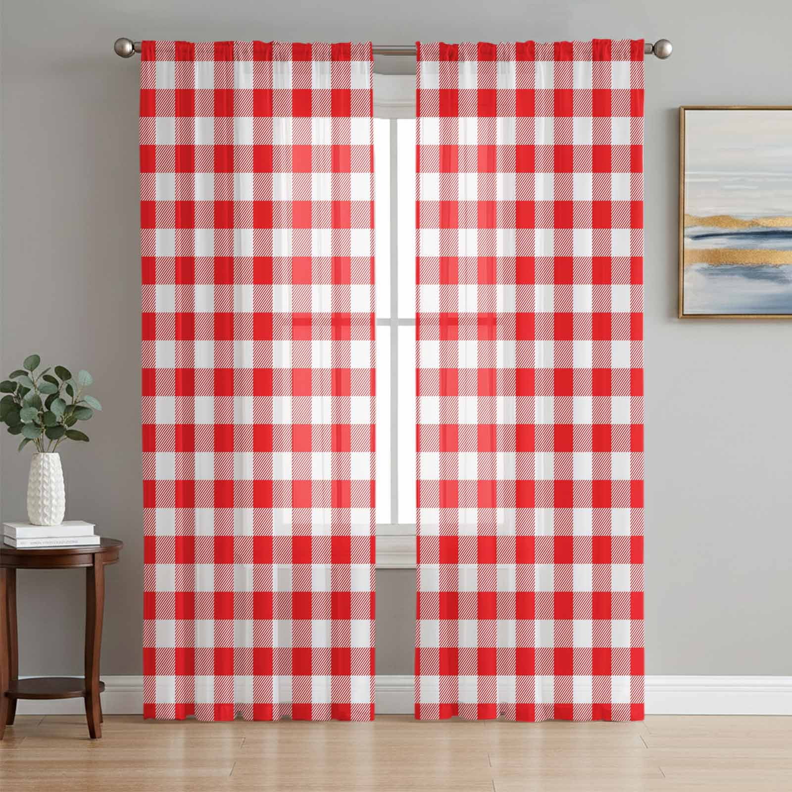 Sheer Curtains 63 Inches Long, Red White Plaid Light Filtering Window ...