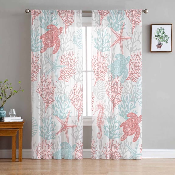 Sheer Curtains 63 Inches Long, Sea Turtle Nautical Coral Summer Beach Light Filtering Window Curtains for Living Room, Red Aqua Coastal Rod Pocket Voile Sheer Curtain Drapes, 52"W x 63"L, 2 Panels