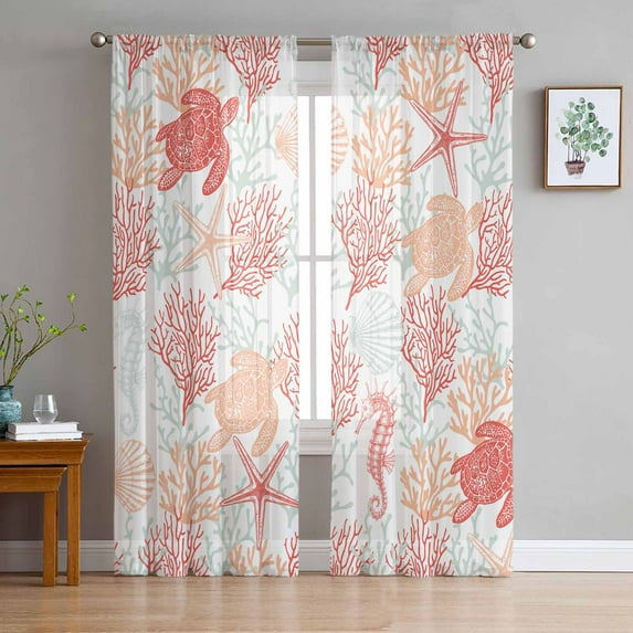 Sheer Curtains 63 Inches Long, Sea Turtle Nautical Coral Summer Beach Light Filtering Window Curtains for Living Room, Red Orange Coastal Rod Pocket Voile Sheer Curtain Drapes, 52"W x 63"L, 2 Panels