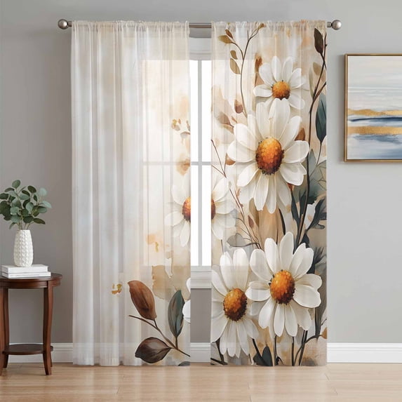 Sheer Curtains 63 Inches Long, Spring Floral Light Filtering Window Curtains for Living Room, Daisy Summer Botanical Vintage Flowers Rod Pocket Voile Sheer Curtain Drapes, 52"W x 63"L, 2 Panels