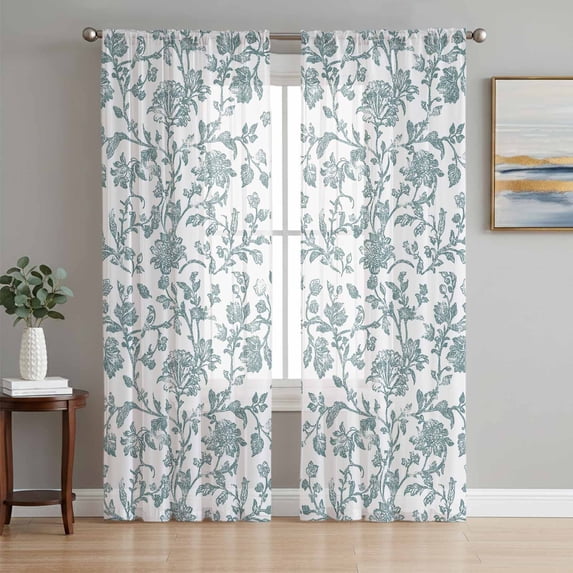 Sheer Curtains 63 Inches Long, Teal Blue Green Light Filtering Window Curtains for Living Room/Bedroom, Vintage Farmhouse Boho Flower Leaf Rod Pocket Voile Sheer Curtain Drapes, 52"W x 63"L, 2 Panels