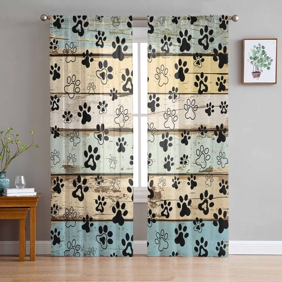 Sheer Curtains 63 Inches Long, Vintage Farmhouse Wooden Grain Light Filtering Window Curtains for Living Room, Teal Brown Paw Prints Rod Pocket Voile Sheer Curtain Drapes, 52"W x 63"L, 2 Panels