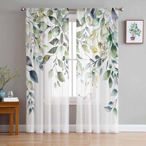 Sheer Curtains 63 Inches Long, Watercolor Weeping Teal Botanical Light Filtering Window Curtains for Living Room/Bedroom, Eucalyptus Leaves Rod Pocket Voile Sheer Curtain Drapes, 52"Wx63"L, 2 Panels