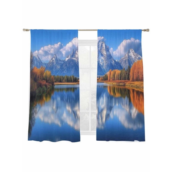 Sheer Curtains 63 inches Long 2 Panels Set Landscape Sky Modern Forest Lake Maple Snow Mountain Sheer Window Curtain Rod Pocket Voile Drapes for Living Room/Bedroom, Each 52" W x 63" L