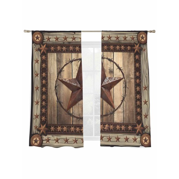 Sheer Curtains 63 inches Long 2 Panels Set Texas Star Farmhouse Country Star Wood Grain Sheer Window Curtain Rod Pocket Voile Drapes for Living Room/Bedroom, Each 52" W x 63" L