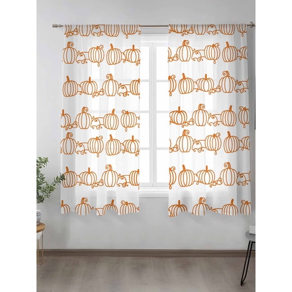 Sheer Curtains 63 inches Long 2 Panels Set Thanksgiving Fall Line Pumpkin White Background Tiers Sheers Rod Pocket Small Window Short Curtains for Kitchen Cafe, Each 52" W x 63" L