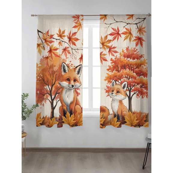 Sheer Curtains 63 inches Long 2 Panels Set Thanksgiving Fox Trees Leaves Autumn Linen Texture Tiers Sheers Rod Pocket Small Window Short Curtains for Kitchen Cafe, Each 52" W x 63" L