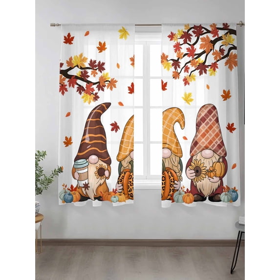 Sheer Curtains 63 inches Long 2 Panels Set Thanksgiving Gnome Fall Pumpkin Maple Leaf Coffee Sunflower Tiers Sheers Rod Pocket Small Window Short Curtains for Kitchen Cafe, Each 52" W x 63" L