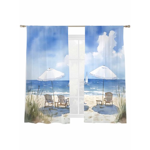 Sheer Curtains 63 inches Long 2 Panels Set Watercolor Summer Beach Sun Umbrella Beach Chair Sheer Window Curtain Rod Pocket Voile Drapes for Living Room/Bedroom, Each 52" W x 63" L