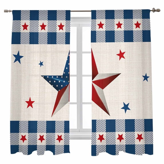 Sheer Curtains 63 inches Long, 4th of July Patriot Red Texas Stars Blue Plaid Light Filtering Sheer Window Curtains Rod Pocket Voile Drapes for Bedroom Living Room, 52"W x 63"L 2 Panels