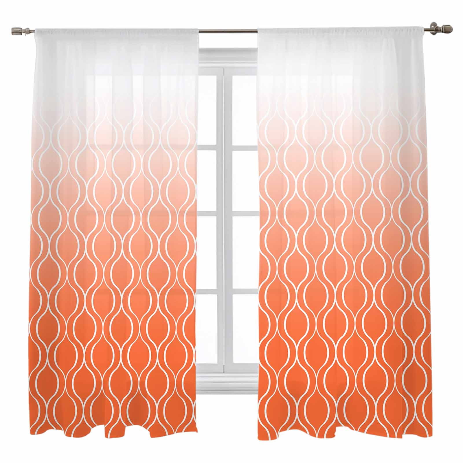 Sheer Curtains 63 inches Long, Abstract Art Classic Orange Line