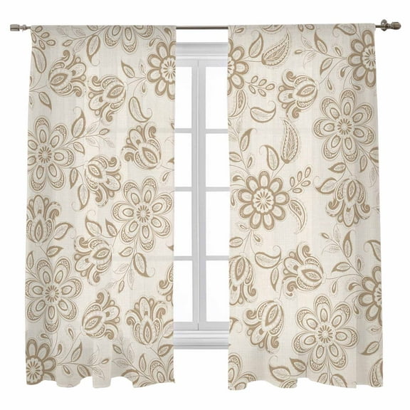 Sheer Curtains 63 inches Long, Abstract Paisley Pattern Vintage Ethnic Brown Flower Light Filtering Sheer Window Curtains Rod Pocket Voile Drapes for Bedroom Living Room, 52"W x 63"L 2 Panels