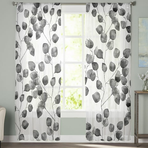 Sheer Curtains 63 inches Long, Black Gradient Leaves Light Filtering Sheer Window Curtains Rod Pocket Voile Drapes for Bedroom Living Room, 52"W x 63"L 2 Panels
