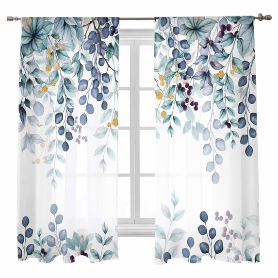 Sheer Curtains 63 inches Long, Blue Purple Eucalyptus Leaves Abstract Branch Farmhouse Leaf Light Filtering Sheer Window Curtains Rod Pocket Voile Drapes for Bedroom Living Room, 52"W x 63"L 2 Panels