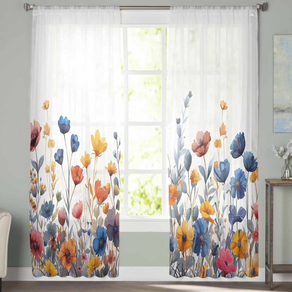 Sheer Curtains 63 inches Long, Blue and Yellow Poppy Watercolor Floral Plants Light Filtering Sheer Window Curtains Rod Pocket Voile Drapes for Bedroom Living Room, 52"W x 63"L 2 Panels