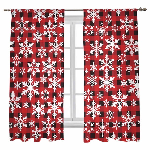 Sheer Curtains 63 inches Long, Christmas Simple Snowflake Winter Cartoon Red StripesTexture Light Filtering Sheer Window Curtains Rod Pocket Voile Drapes for Bedroom Living Room, 52"W x 63"L 2 Panels