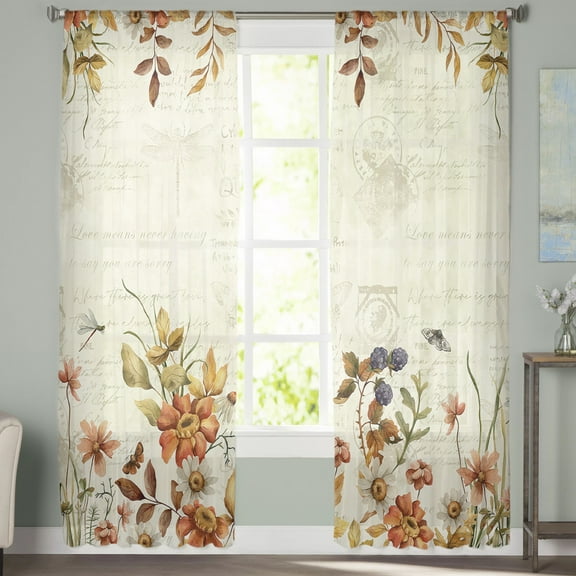 Sheer Curtains 63 inches Long, Fall Flowers Leaves Butterfly Dragonfly Light Filtering Sheer Window Curtains Rod Pocket Voile Drapes for Bedroom Living Room, 52"W x 63"L 2 Panels