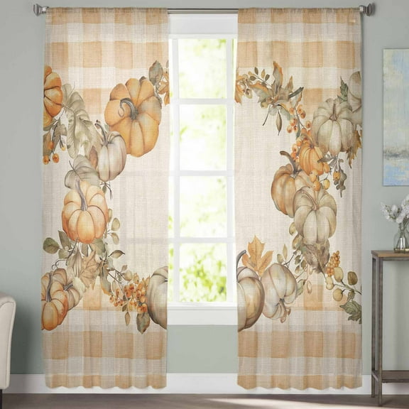 Sheer Curtains 63 inches Long, Fall Plants Pumpkin Leaves Wreath Orange Plaid Linen Light Filtering Sheer Window Curtains Rod Pocket Voile Drapes for Bedroom Living Room, 52"W x 63"L 2 Panels
