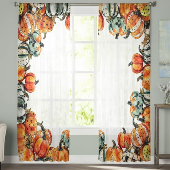 Sheer Curtains 63 inches Long, Fall Thanksgiving Watercolor Pumpkin Autumn Harvest Light Filtering Sheer Window Curtains Rod Pocket Voile Drapes for Bedroom Living Room, 52"W x 63"L 2 Panels