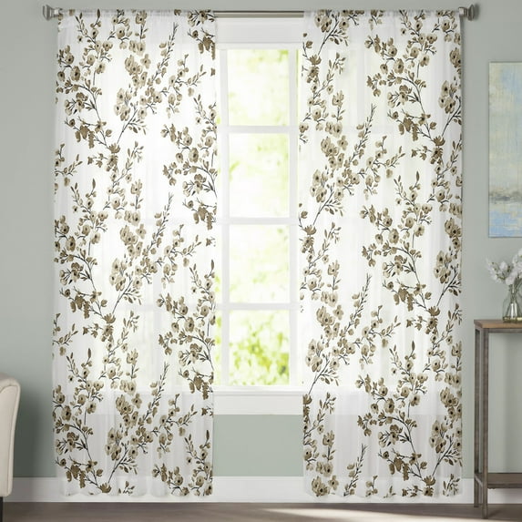 Sheer Curtains 63 inches Long, Floral Watercolor Style Brown Flower Bud Leaves Light Filtering Sheer Window Curtains Rod Pocket Voile Drapes for Bedroom Living Room, 52"W x 63"L 2 Panels