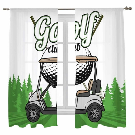 Sheer Curtains 63 inches Long, Golf Club Pattern Golf Course Grenn Lawn Tree Background Light Filtering Sheer Window Curtains Rod Pocket Voile Drapes for Bedroom Living Room, 52"W x 63"L 2 Panels