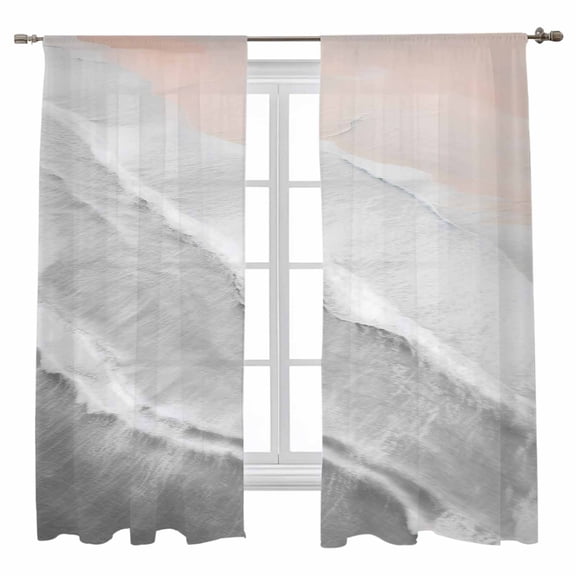 Sheer Curtains 63 inches Long, Grey Gradient Sea Waves Sandy Beach Coastal Scenery Light Filtering Sheer Window Curtains Rod Pocket Voile Drapes for Bedroom Living Room, 52"W x 63"L 2 Panels