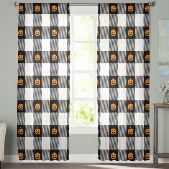 Sheer Curtains 63 inches Long, Halloween Orange Pumpkins in Retro Black and White Plaid Light Filtering Sheer Window Curtains Rod Pocket Voile Drapes for Bedroom Living Room, 52"W x 63"L 2 Panels