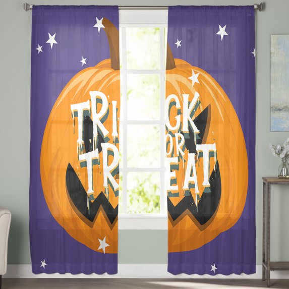 Sheer Curtains 63 inches Long, Halloween Trick or Treat Horrible Pumpkin Purple Light Filtering Sheer Window Curtains Rod Pocket Voile Drapes for Bedroom Living Room, 52"W x 63"L 2 Panels