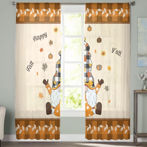 Sheer Curtains 63 inches Long, Happy Fall Y'all Gnome Maple Leaves Hats Buffalo Plaid Border Sheer Window Curtains Rod Pocket Voile Drapes for Bedroom Living Room, 52"Wx63"L 2 Panels