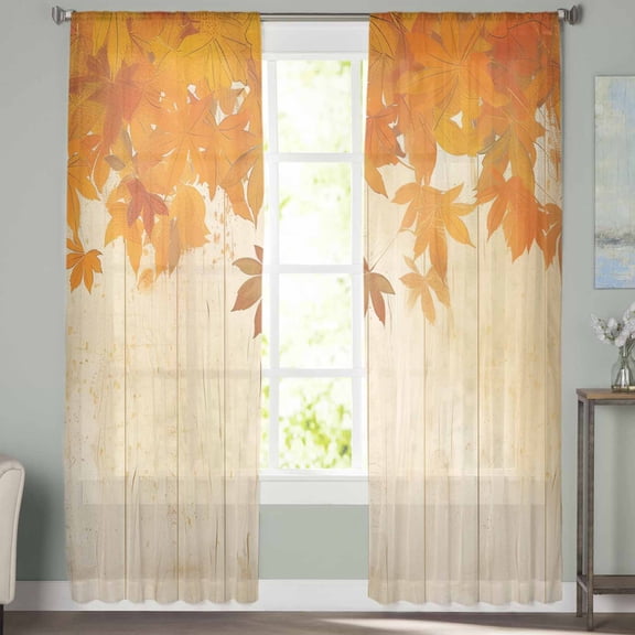 Sheer Curtains 63 inches Long, Maple Leaf Fall Leaf Vintage Wood Plank Light Filtering Sheer Window Curtains Rod Pocket Voile Drapes for Bedroom Living Room, 52"W x 63"L 2 Panels