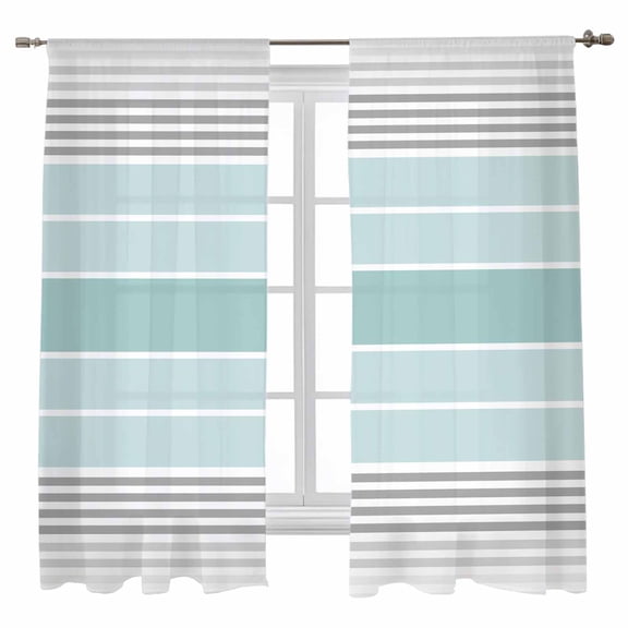 Sheer Curtains 63 inches Long, Minimalist Turquoise Gradient Gray Stripe Farm Light Filtering Sheer Window Curtains Rod Pocket Voile Drapes for Bedroom Living Room, 52"W x 63"L 2 Panels