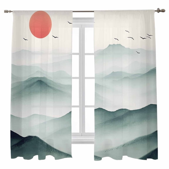 Sheer Curtains 63 inches Long, Peaks Sun Scenery Bird Gradient Mountain Fog Light Filtering Sheer Window Curtains Rod Pocket Voile Drapes for Bedroom Living Room, 52"W x 63"L 2 Panels
