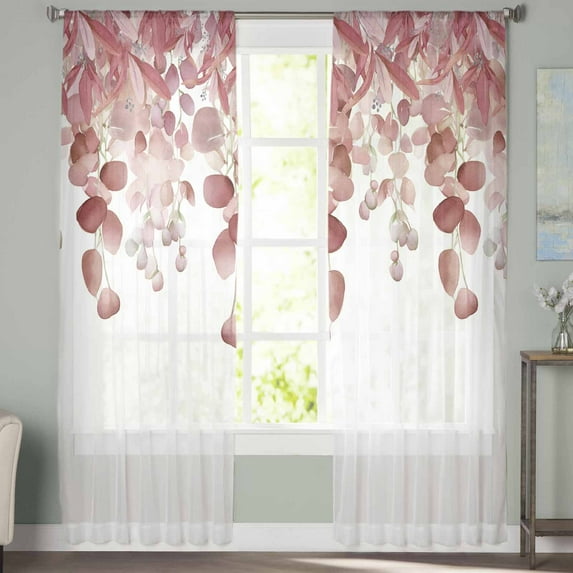 Sheer Curtains 63 inches Long, Pink Eucalyptus Leaves Watercolor Plants Light Filtering Sheer Window Curtains Rod Pocket Voile Drapes for Bedroom Living Room, 52"W x 63"L 2 Panels