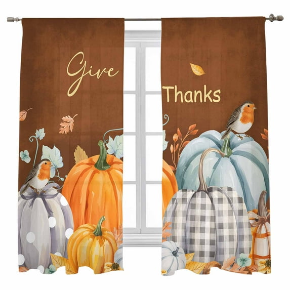Sheer Curtains 63 inches Long, Pumpkin Thanksgiving Fall Bird Give Thanks Brown Light Filtering Sheer Window Curtains Rod Pocket Voile Drapes for Bedroom Living Room, 52"W x 63"L 2 Panels